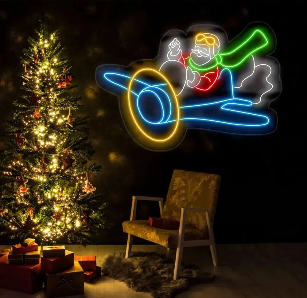 Santa Flying Red Airplane Neon Sign - Merry Christmas LED Sign Santa Claus Wall Art Festive LED Light Christmas House