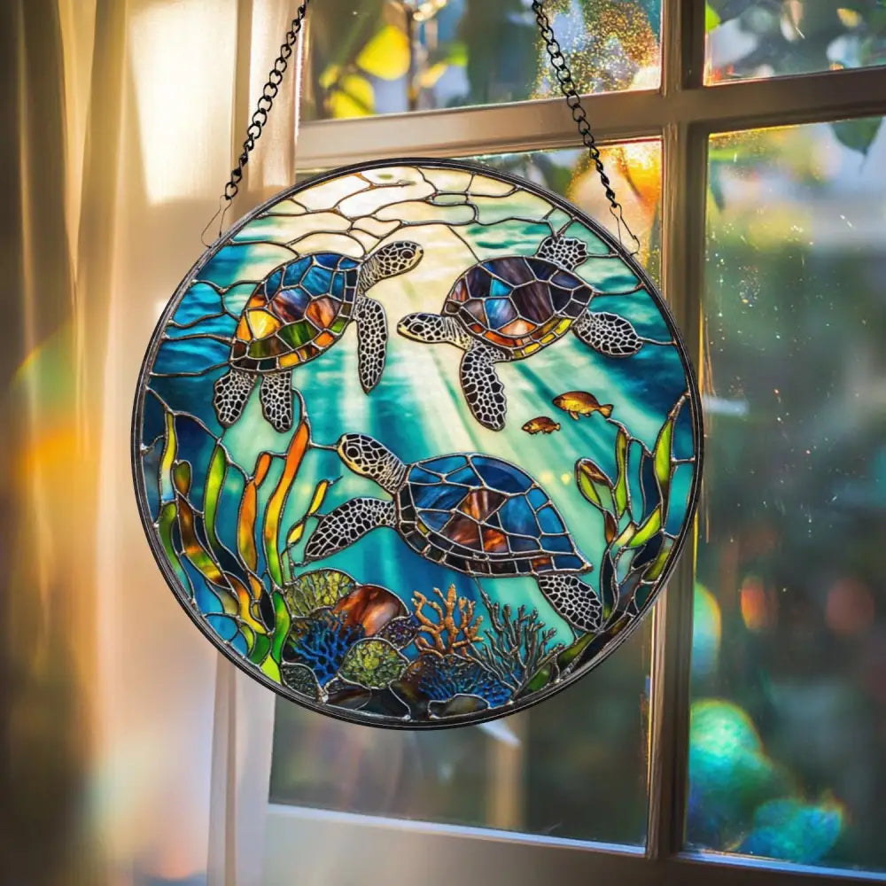 Sea Turtle Stained Glass Suncatcher Ocean Window Hanging Art Marine Life Decor Coastal Gift for Beach Lover Underwater