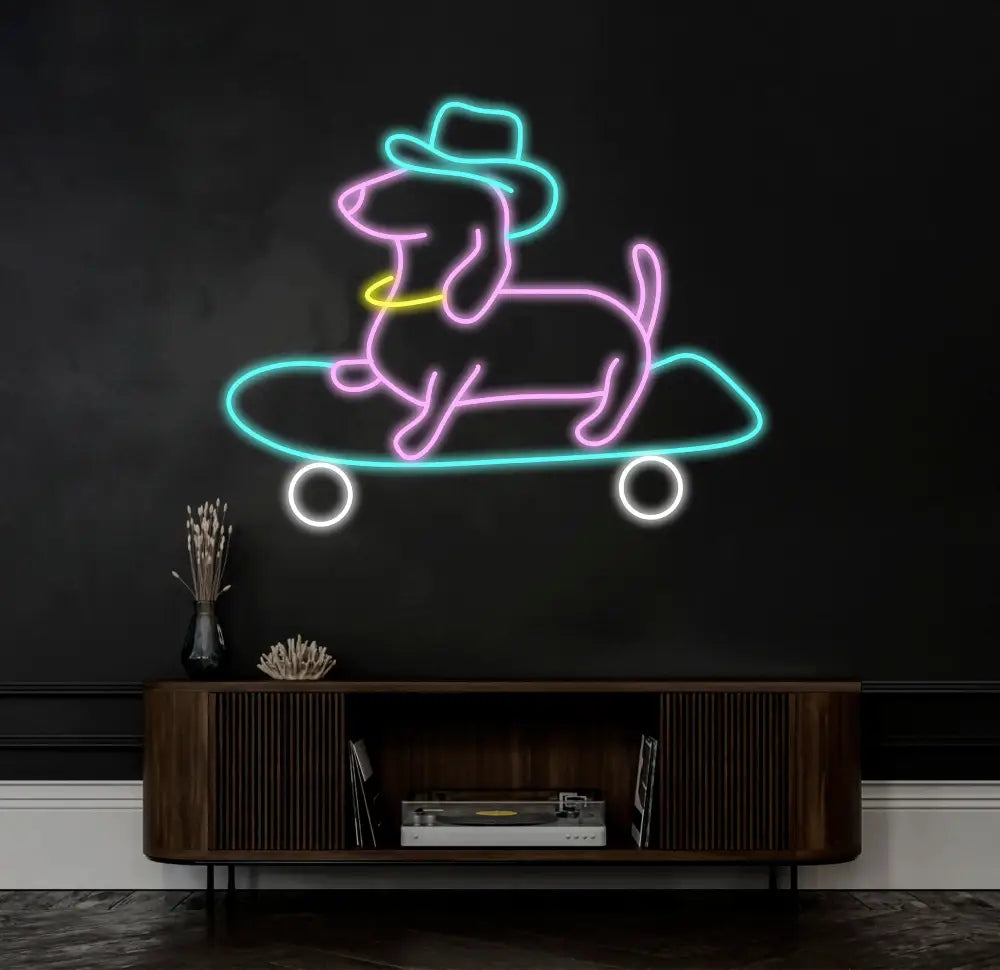 Skateboard Dachshund Neon Sign Cute Cowboy Hat Dog LED Neon Light Light Up Sign for Bedroom Decor Pet Shop Art Wall