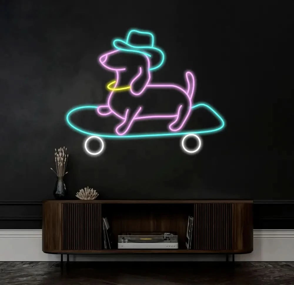 Skateboard Dachshund Neon Sign Cute Cowboy Hat Dog LED Neon Light Light Up Sign for Bedroom Decor Pet Shop Art Wall