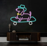 Skateboard Dachshund Neon Sign Cute Cowboy Hat Dog LED Neon Light Light Up Sign for Bedroom Decor Pet Shop Art Wall