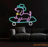 Skateboard Dachshund Neon Sign Cute Cowboy Hat Dog LED Neon Light Light Up Sign for Bedroom Decor Pet Shop Art Wall