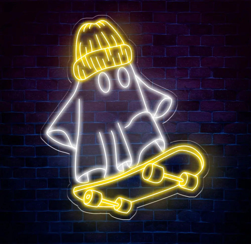Skater Ghost Neon Sign - Cool Ghost with Skateboard LED Light Custom Wall Decor Skateboarder Room Art Fun Halloween