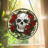 Skull and Rose Gothic Stained Glass Suncatcher Halloween Window Hanging Spooky Floral Art Gothic Gift Dark Aesthetic