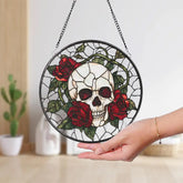 Skull and Rose Gothic Stained Glass Suncatcher Halloween Window Hanging Spooky Floral Art Unique Gift for Gothic Friend