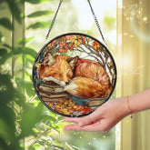Sleeping Fox Stained Glass Suncatcher Autumn Books Window Panel Cozy Woodland Animal Decor Fox Lover Gift Cottagecore