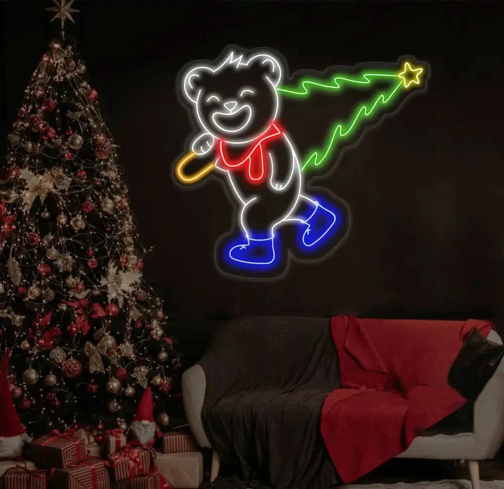 Smiling Bear Carrying A Christmas Tree Neon Sign Bear Christmas Led Sign Merry Christmas Neon Light Christmas Tree Wall