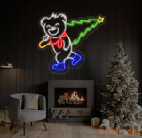 Smiling Bear Carrying A Christmas Tree Neon Sign Bear Christmas Led Sign Merry Christmas Neon Light Christmas Tree Wall