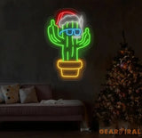 Smoking Cactus Christmas Neon Sign - Funny Santa Hat LED Light Custom Holiday Wall Decor Cool Cactus Smoking Neon Art