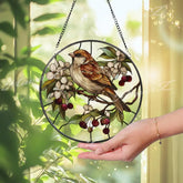 Sparrow Stained Glass Suncatcher Round Bird Window Panel with Blossoms and Cherries Nature Lover Gift Cottagecore Home