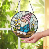 Spring Gnome Stained Glass Suncatcher Cute Flower Gnome Window Hanging Whimsical Fairy Garden Decor Gift for Nature or