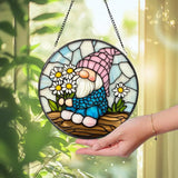 Spring Gnome Stained Glass Suncatcher Cute Flower Gnome Window Hanging Whimsical Fairy Garden Decor Gift for Nature or
