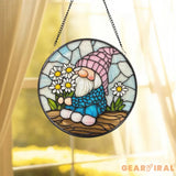 Spring Gnome Stained Glass Suncatcher Cute Flower Gnome Window Hanging Whimsical Fairy Garden Decor Gift for Nature or