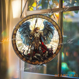 St. Michael Stained Glass Suncatcher Archangel Defeating Demon Window Art Christian Warrior Angel Panel Spiritual Home