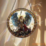 St. Michael Stained Glass Suncatcher Archangel Defeating Demon Window Art Christian Warrior Angel Panel Spiritual Home