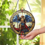 Stained Glass Archangel Michael Suncatcher – Warrior Angel Defeating Evil Religious Window Hanging Panel Divine