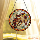 Stained Glass Owl Family Suncatcher Stained Glass Window Hanging Decor Owl Ornament Gift for Mom Owl Stained Glass Art