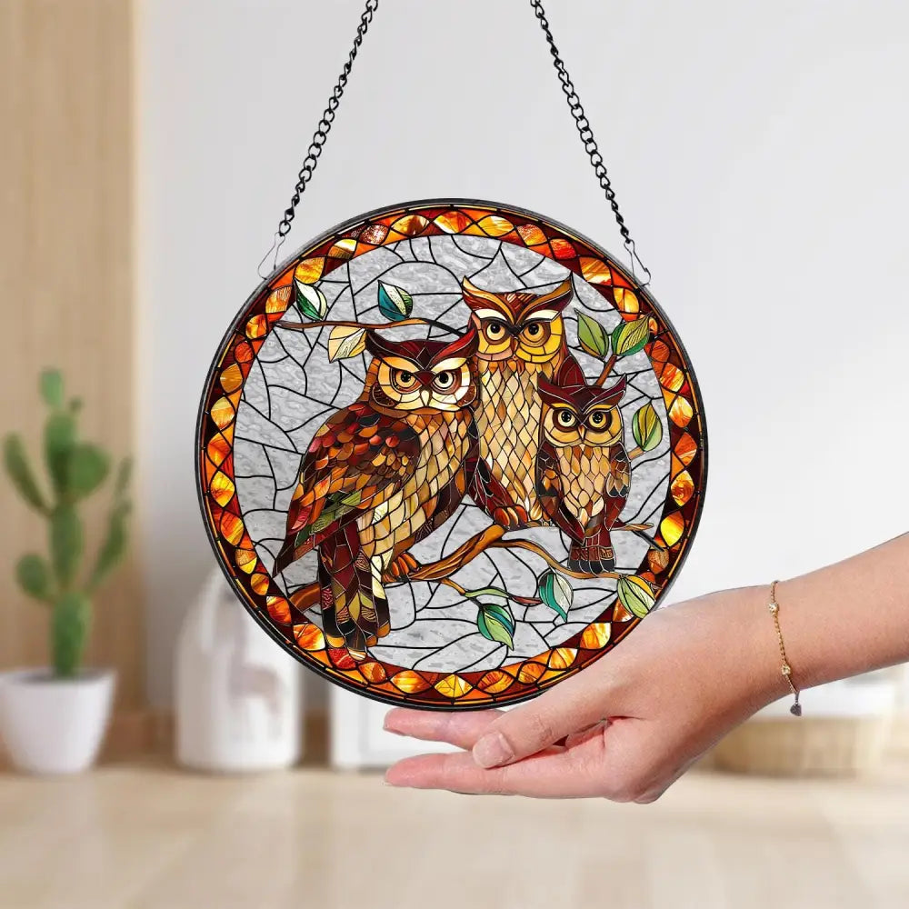 Stained Glass Owl Family Suncatcher Stained Glass Window Hanging Decor Owl Ornament Gift for Mom Owl Stained Glass Art