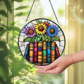 Sunflower & Book Stained Glass Suncatcher Colorful Floral Window Hanging Gift for Book Lovers Reading Room Decor