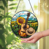 Sunflower & Guitar Stained Glass Suncatcher Country Music Window Hanging Rustic Landscape Glass Art Gift for Musicians