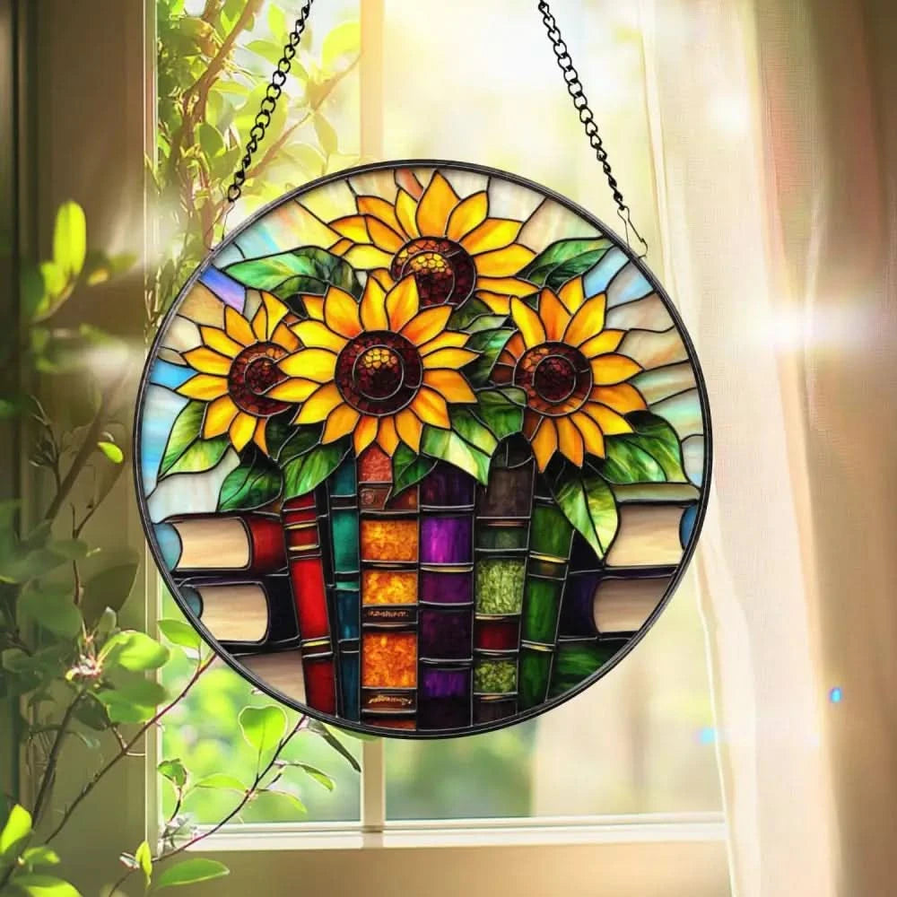 Sunflowers and Books Stained Glass Suncatcher Round Window Hanging Panel Floral Reading Nook Decor Gift for Teachers