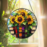 Sunflowers and Books Stained Glass Suncatcher Round Window Hanging Panel Floral Reading Nook Decor Gift for Teachers