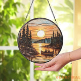 Sunset Canoe Stained Glass Suncatcher Romantic Lake Scene Window Hanging Forest River Glass Art Nature Couple Gift Decor