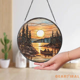 Sunset Canoe Stained Glass Suncatcher Romantic Lake Scene Window Hanging Forest River Glass Art Nature Couple Gift Decor