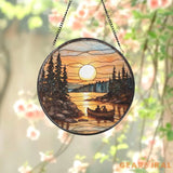 Sunset Canoe Stained Glass Suncatcher Romantic Lake Scene Window Hanging Forest River Glass Art Nature Couple Gift Decor