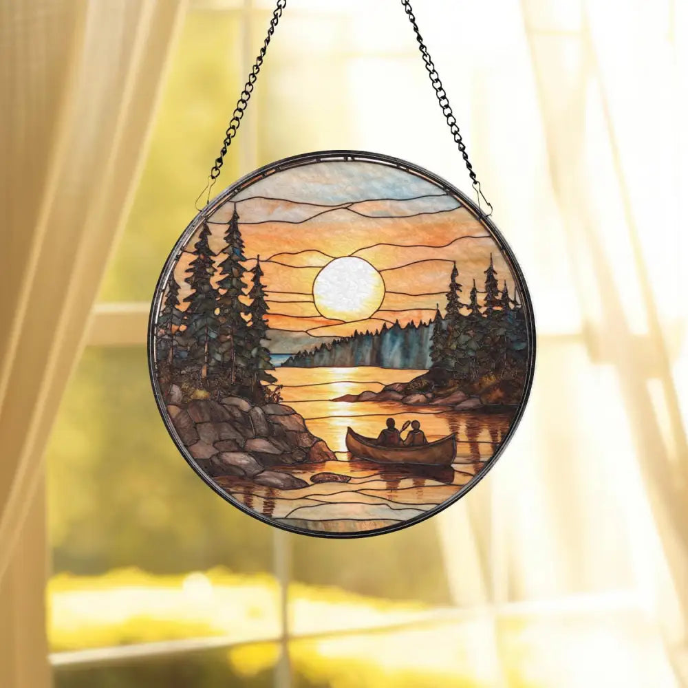 Sunset Canoe Stained Glass Suncatcher Romantic Lake Scene Window Hanging Forest River Glass Art Nature Couple Gift Decor