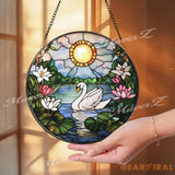 Swan and Lotus Stained Glass Suncatcher Tranquil Lake Window Hanging Sunlight Garden Glass Art Peaceful Bird Decor
