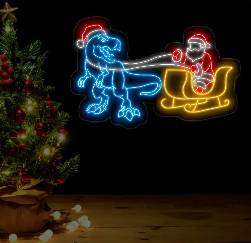 T-Rex Pulling Santa Sleigh Neon Sign - Christmas Dinosaur LED Light Fun Santa and Dinosaur Neon Art Festive Holiday