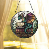 Tea Dragon Stained Glass Suncatcher Fantasy Book Nook Window Hanging Whimsical Glass Panel with Teacup & Books Cozy