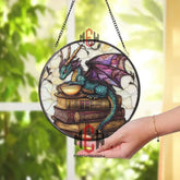 Teal Dragon Stained Glass Suncatcher Fantasy Tea and Book Window Panel Mystical Glass Art for Dragon & Reading Lovers