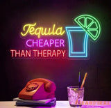 Tequila Cheaper Than Therapy Neon Sign - Tequila LED Bar Light Drink Wall Art Open Sign Decor Perfect for Room or