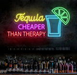 Tequila Cheaper Than Therapy Neon Sign - Tequila LED Bar Light Drink Wall Art Open Sign Decor Perfect for Room or