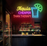 Tequila Cheaper Than Therapy Neon Sign - Tequila LED Bar Light Drink Wall Art Open Sign Decor Perfect for Room or