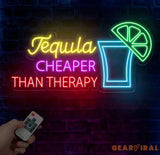 Tequila Cheaper Than Therapy Neon Sign - Tequila LED Bar Light Drink Wall Art Open Sign Decor Perfect for Room or
