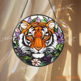 Tiger Stained Glass Suncatcher Floral Jungle Window Hanging Fierce Wildcat Glass Panel Boho Nature Decor Animal Lover