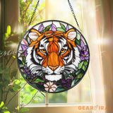 Tiger Stained Glass Suncatcher Floral Jungle Window Hanging Fierce Wildcat Glass Panel Boho Nature Decor Animal Lover