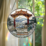 Torii Gate Stained Glass Suncatcher Japanese Zen Garden Window Art Mountain River Landscape Panel Peaceful Nature Home