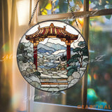 Torii Gate Stained Glass Suncatcher Japanese Zen Garden Window Art Mountain River Landscape Panel Peaceful Nature Home