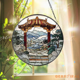 Torii Gate Stained Glass Suncatcher Japanese Zen Garden Window Art Mountain River Landscape Panel Peaceful Nature Home