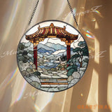 Torii Gate Stained Glass Suncatcher Japanese Zen Garden Window Art Mountain River Landscape Panel Peaceful Nature Home
