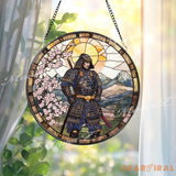 Traditional Japanese Samurai Stained Glass Suncatcher with Cherry Blossoms and Mountains Warrior Window Art Zen Home