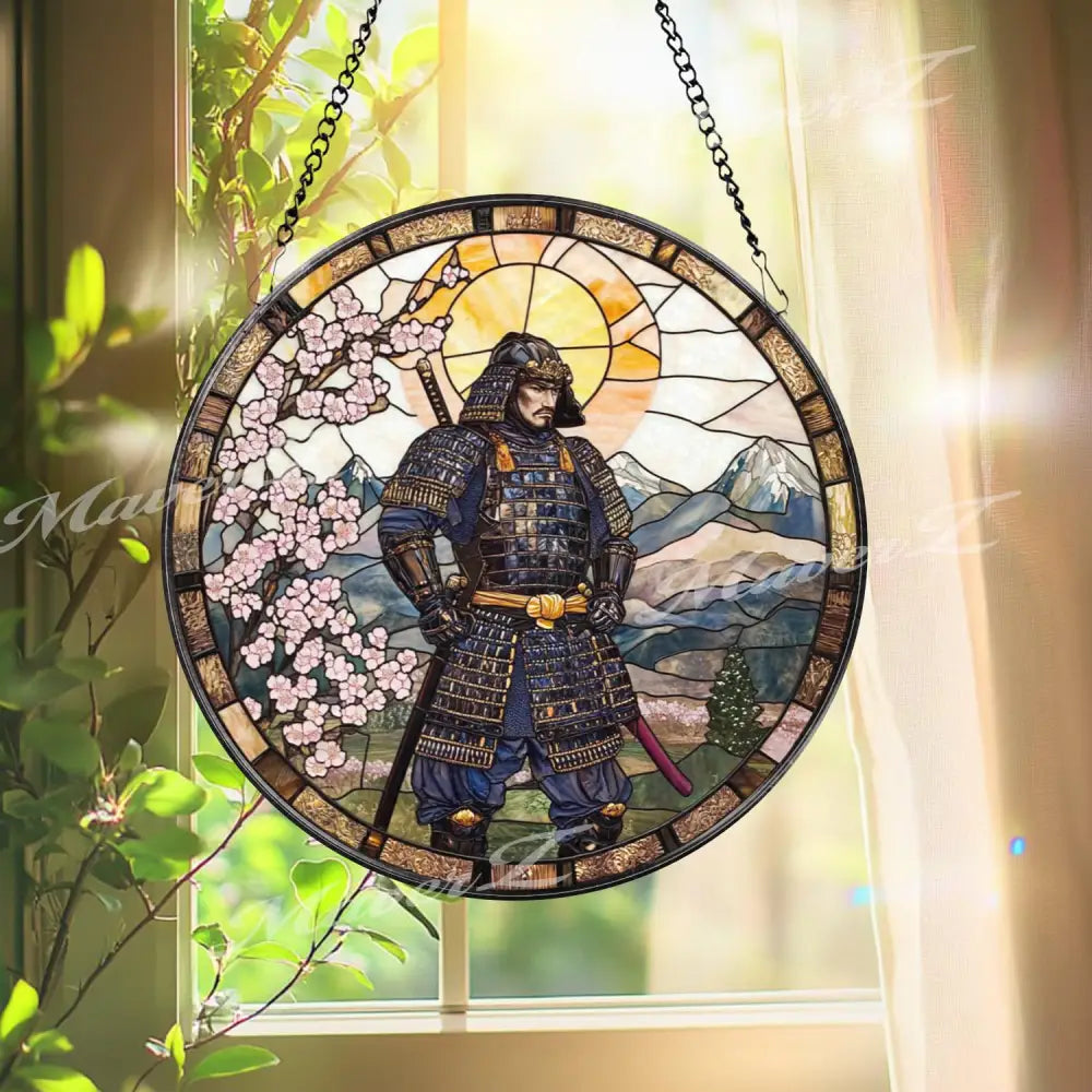 Traditional Japanese Samurai Stained Glass Suncatcher with Cherry Blossoms and Mountains Warrior Window Art Zen Home