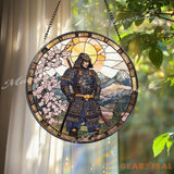 Traditional Japanese Samurai Stained Glass Suncatcher with Cherry Blossoms and Mountains Warrior Window Art Zen Home
