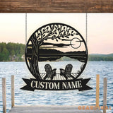 Tree Chairs Dock on Lake House Scene Sunset sign Personalized Metal Monogram - Wedding Gift. Family - Outdoor Name Sign