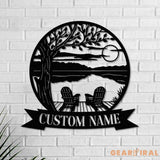 Tree Chairs Dock on Lake House Scene Sunset sign Personalized Metal Monogram - Wedding Gift. Family - Outdoor Name Sign
