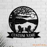 Tree Chairs Dock on Lake House Scene Sunset sign Personalized Metal Monogram - Wedding Gift. Family - Outdoor Name Sign